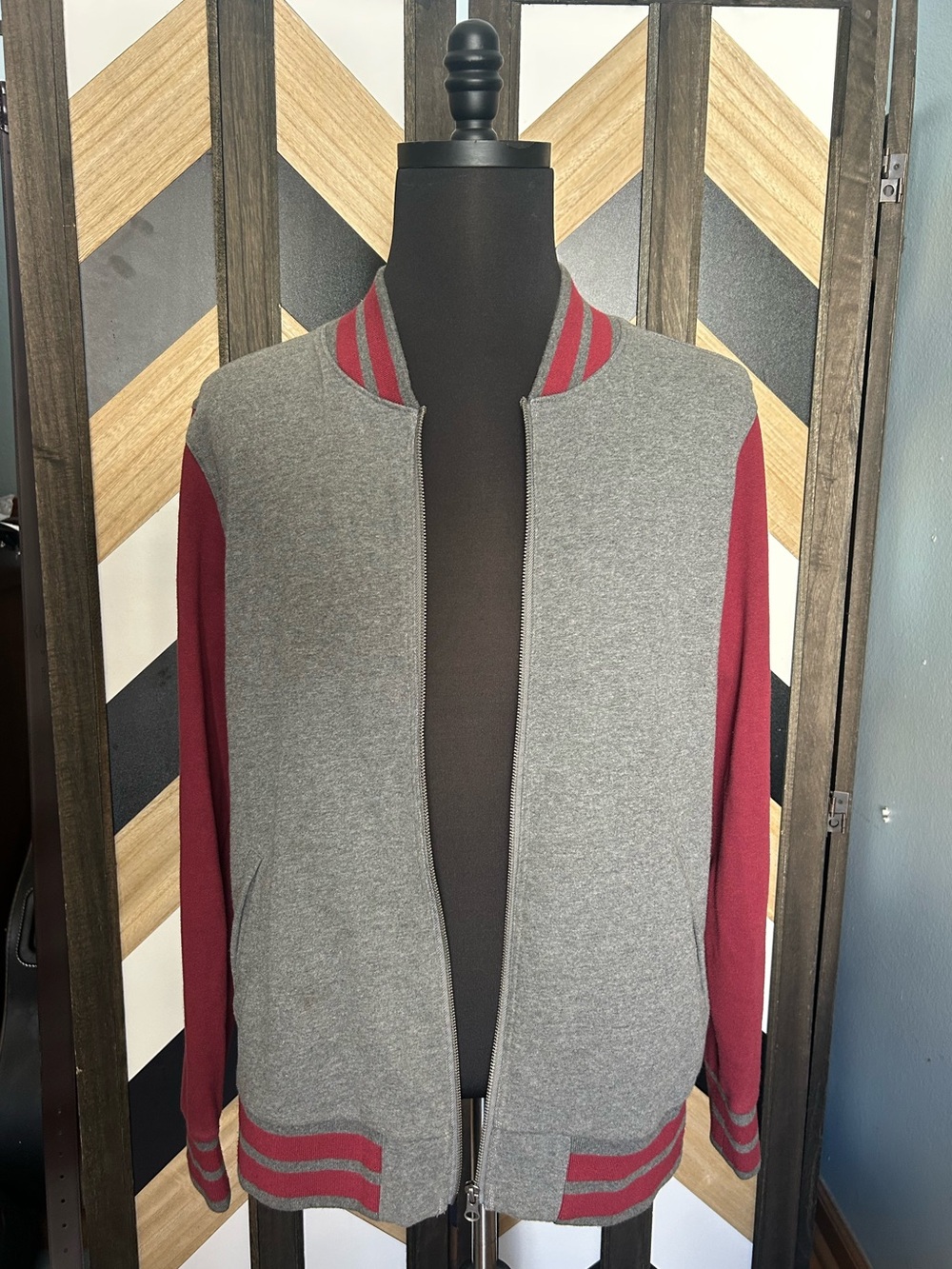 Grey & Burgundy Varsity Style Bomber Jacket
